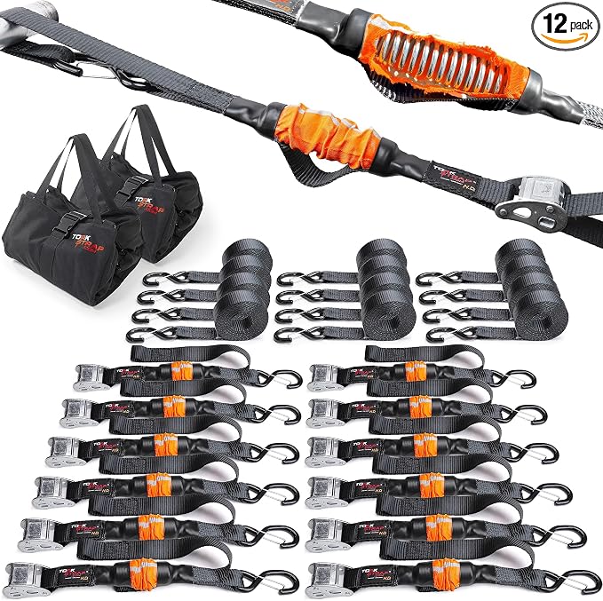 TorkStrap 14' x 1.5'' Self Tensioning Tie Down Straps [Patented] - Automatically Adapt to Load Shifts - 2,250LB Break Strength - Pull Alternative to Ratchet Strap - Integrated Soft Loop & Hook (12-PK)