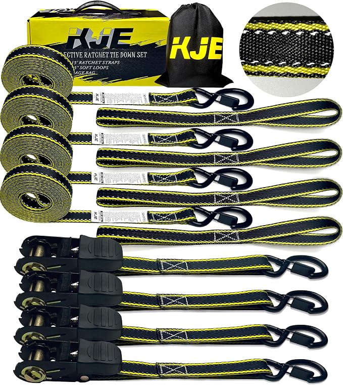 KJE Reflective Ratchet Straps, (4) 1" x 15' Tie Down Strap Sets + (4) Soft Loops, TPR Handles & Coated S Hook W/Safety Clip, 2100lb Break Strength, Cargo Strap for Motorcycle, ATV