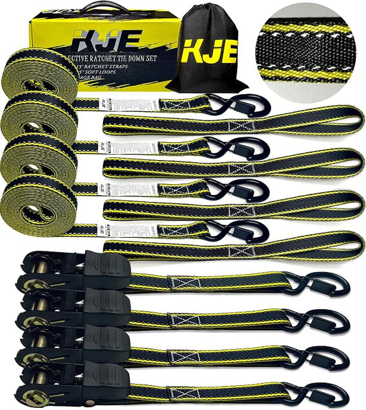 KJE Reflective Ratchet Straps, (4) 1" x 15' Tie Down Strap Sets + (4) Soft Loops, TPR Handles & Coated S Hook W/Safety Clip, 2100lb Break Strength, Cargo Strap for Motorcycle, ATV