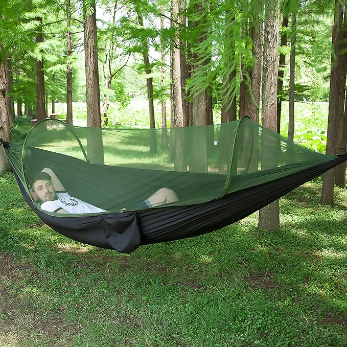LFL Portable Camping Hammock with Mosquito Net, 1 or 2 Person Outdoor Swing Hammock, Nylon Parachute Material, Quick Opening Outside Hammock with Net, Hiking Travel Courtyard (Black)