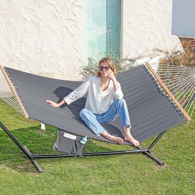 GAFETE Hammock 2 Person Quilted Fabric Hammocks for Outside, Double 12ft Hammocks with Spreader Bar, Large Removable Pillow, Storage Bag, Carabiners, Max 475 lbs Capacity (Dark Grey)
