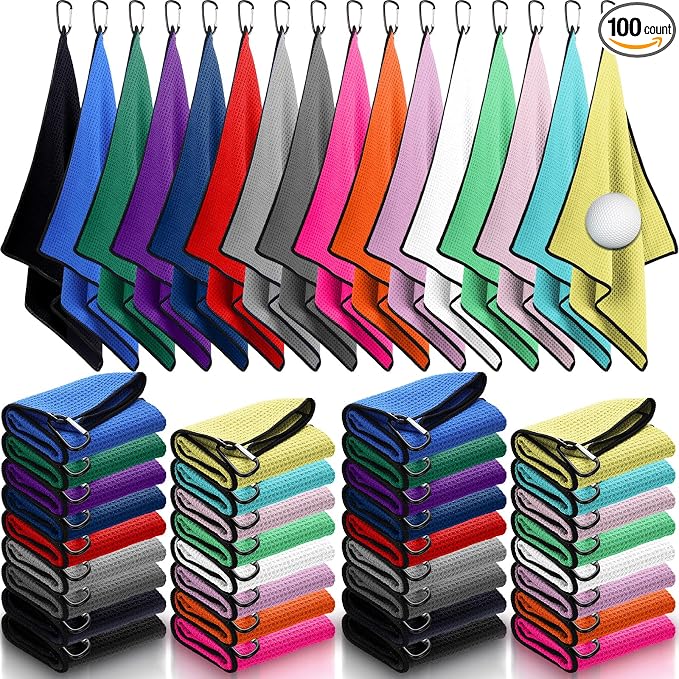 Batiyeer Golf Towels Bulk for Bags, 16"x16" Microfiber Waffle Pattern Golf Towel with Clip for Tournament, Club, Fitness