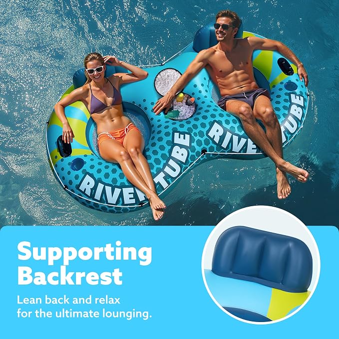 SLOOSH 2-Person Inflatable River Tube - Heavy Duty River Run Tubes Pool Lake Floats for Adults, Large Floating Raft Lounge Above Water Floaties with 2 Cup Holders & Removable Cooler