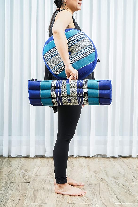 Leewadee Meditation Cushion Set – 1 Small Zafu Yoga Pillow and 1 Small Roll-Up Zabuton Mat Filled with Kapok