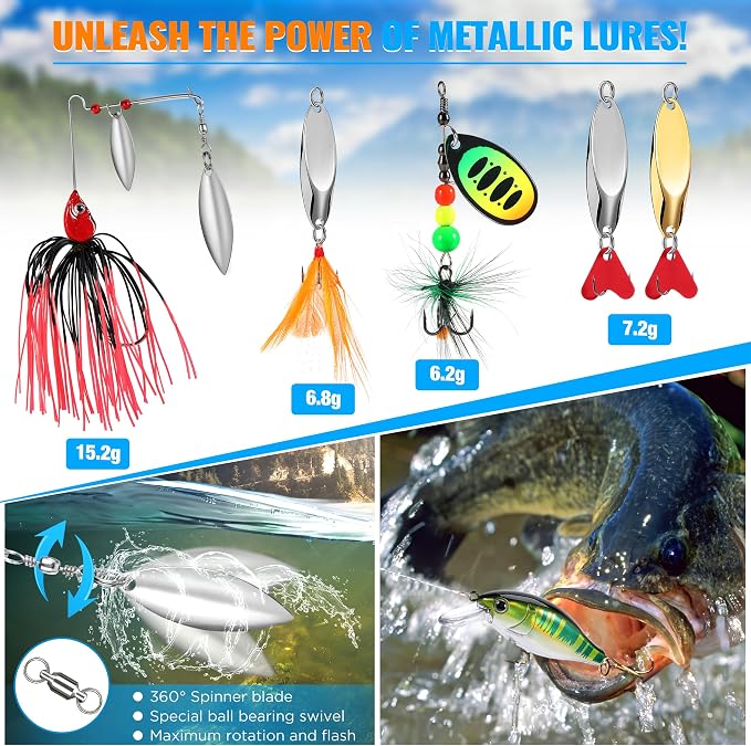 PLUSINNO Fishing Lures Fishing Tackle Box Fishing Gifts for Men, Bass, Trout Fishing Accessories Kit for Saltwater & Freshwater Fishing Gear Including Topwater Lures, Hooks, Spinnerbaits