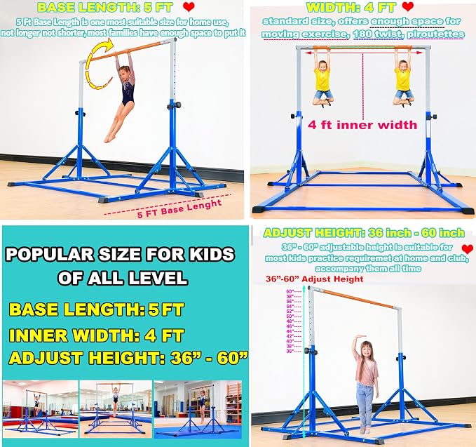 Marfula Gymnastic Bar For Kid and Teenage of 3-25, 5Ft/8 FT Base Length 4Ft Width 5Ft Adjust Height, Gymnastic Kip Bar For Gymnast, Gymnastic Training Equipment For Professional Training Home Club Use