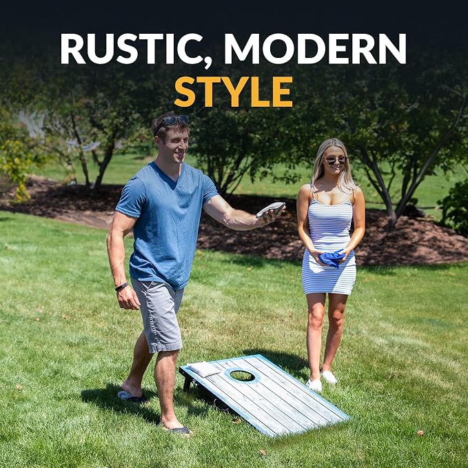 Hathaway Atlantic LED Cornhole Board Set – Includes 8 Rip-Resistant Bean Toss Bags & 2 Target Boards with Built-in Cornhole Lights & Nylon Carrying Bag for Portability – Blue/White