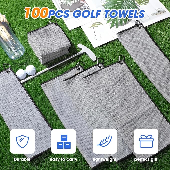 Batiyeer Golf Towels Bulk for Bags, 16"x16" Microfiber Waffle Pattern Golf Towel with Clip for Tournament, Club, Fitness