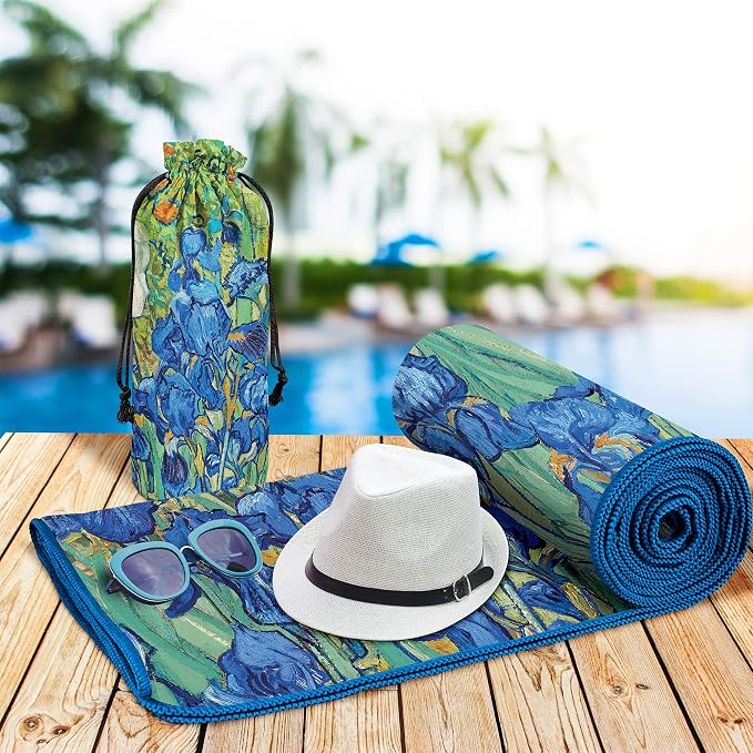 Large Oversized Microfiber Beach Towel - 40x63 Inches, Sand-Free, Quick-Drying, Ultra-Soft, Ideal for Travel, Pool, Yoga, and Camping - Includes Matching Drawstring Travel Pouch, van Gogh Irises