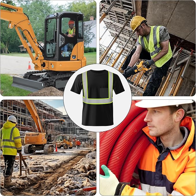 W&H Hi Vis Safety Short Sleeve Shirts Class 2 Reflective Birdeyes Fast Dry Breathable with Black Base for Work