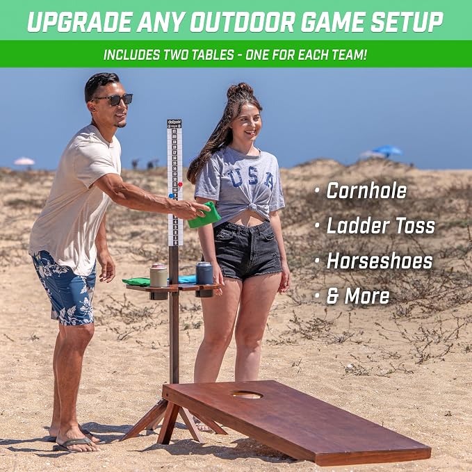 GoSports Wood Cornhole Scoreboard with Drink Holders - Dark Stain or White - Score Tracker Accessory for Backyard Games - Set of 2 ScoreCaddy Tables