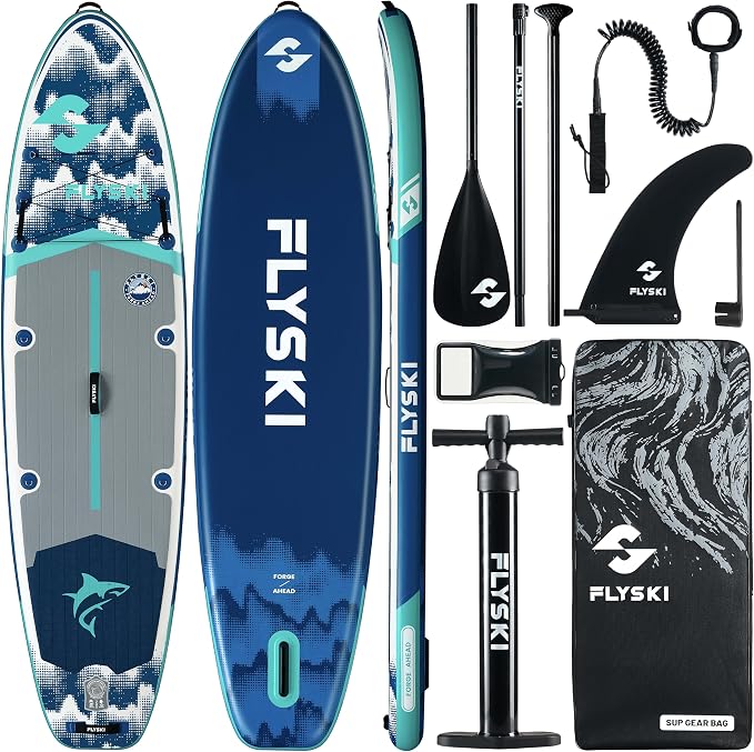 Flyski 11'x34 Ultra Wide Paddle Board, Inflatable Paddle Board&420lb Capacity for All Skill, Inflatable Paddle Board for Adults, Yoga/Family/Fishing Paddle Board, Anti-Slip Deck, US Fin, Pump,100L Bag