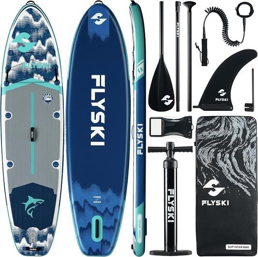 Flyski 11'x34 Ultra Wide Paddle Board, Inflatable Paddle Board&420lb Capacity for All Skill, Inflatable Paddle Board for Adults, Yoga/Family/Fishing Paddle Board, Anti-Slip Deck, US Fin, Pump,100L Bag