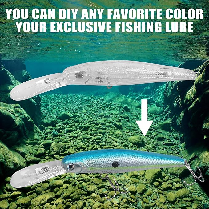 Blank Fishing Lure Kit,Unpainted Popper Plug Lures DIY Crank Bait Set Fishing Pliers Treble Hooks 3D/4D Lure Eyes Bait Sticker Split Rings,Fish Tackle Accessories Kits