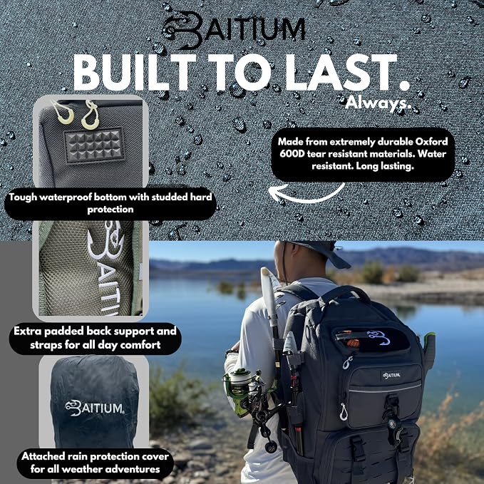 Baitium Fishing Backpack, Tackle Bag With Rod Holders, 40L Capacity With Cooler, Rain Cover, Insulated Pocket, 4 Tackle Trays Included (Jet Black)