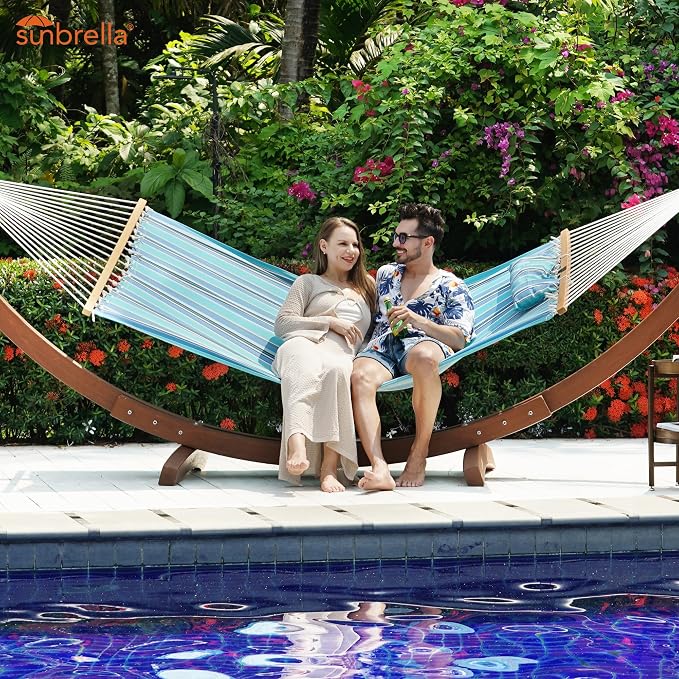 Lazy Daze Hammocks 12 FT Sunbrella Fabric Hammock Non-Fading with Spreader Bars and Free Pillow Fits for 2 Persons, All Weather and Fade Resistant for Patio Yard, 450 lbs Capacity, Dolce Oasis