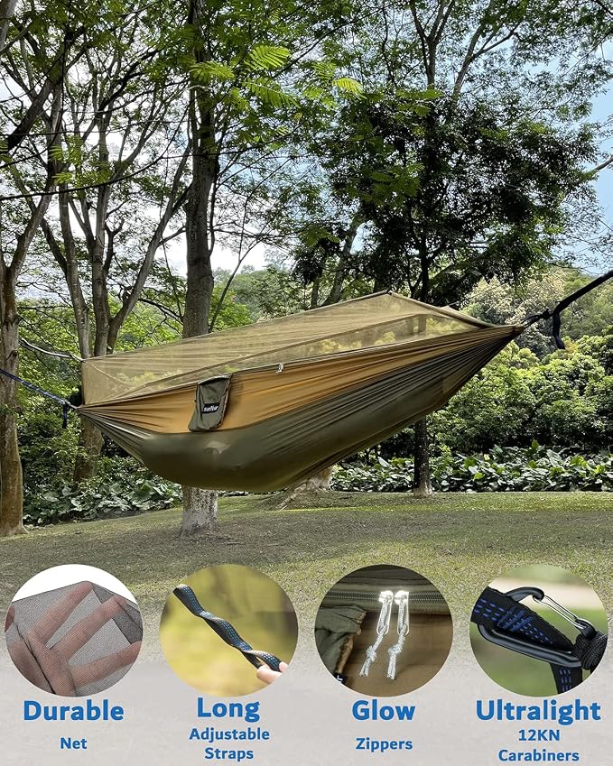 Sunyear Camping Hammock, Portable Single & Double Hammock with Net, 2 Person Hammock Tent with 2 * 10ft Straps, Best for Outdoor Hiking Survival Travel