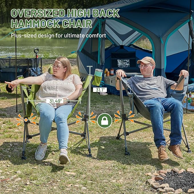TIMBER RIDGE Oversized Hammock Camping Chair, Swinging Chair with Adjustable Back and Seat Height, Portable Folding Rocking Chair for Outdoor Lawn, Backyard and Patio, Supports 400lbs, Green, 2 Pack