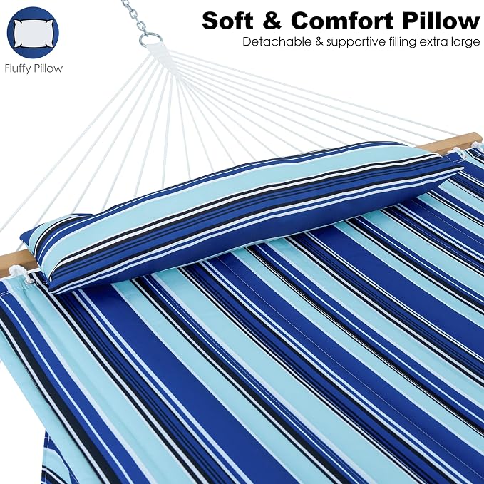 GAFETE Hammock 2 Person Quilted Fabric Hammocks for Outside, Double 12ft Hammocks with Spreader Bar, Large Removable Pillow, Storage Bag, Carabiners, Max 475 lbs Capacity (Catalina Beach)