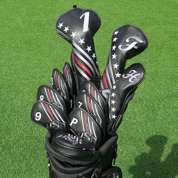 Big Teeth Golf Cover USA Stripe and Star Headcover Covers, Driver Fairway Wood Hybrid Headcovers Fits Blade Mallet Putter Iron and Woods with Magnetic Club Protector Pu Leather Golf Accessories