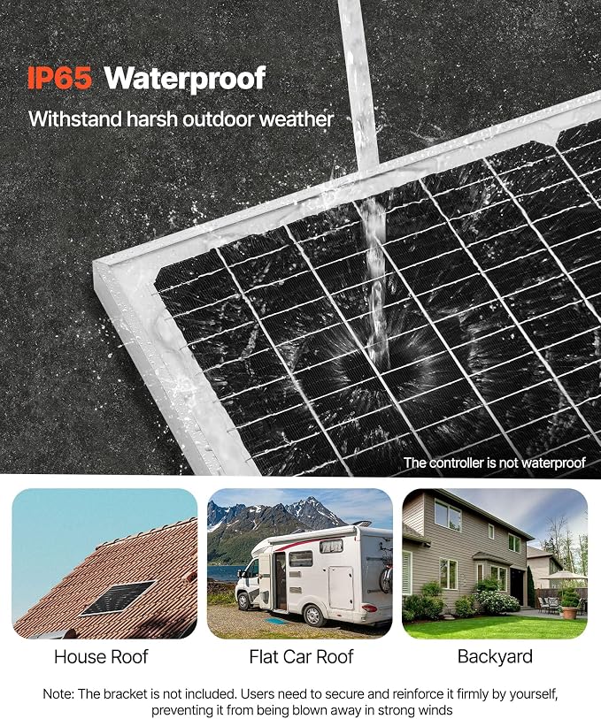 VEVOR 50W 12V Solar Battery Charger Maintainer, Mono Solar Panel Trickle Battery Charger with Upgraded MPPT Controller, IP65 Waterproof for Car Boat RV Trailer Flat Rooftop (Bracket Not Included)