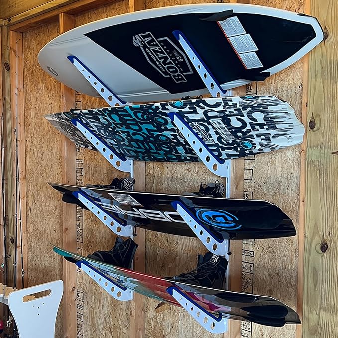 StoreYourBoard Adjustable Wakeboard Storage Rack – Wall Mount 4 Level Display, Heavy Duty Water Sports Gear Hanger for Wakeboards, Wakesurf Boards, and More, Holds up to 100 lbs