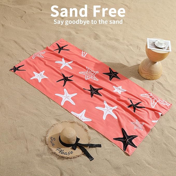 Belista Oversized Beach Towels 4 Pack,40”x70” Microfiber Thin Large Beach Towel Set for Adults Travel Camping Swimming,Turtle Starfish Them Sand Free Quick Dry Lightweight XL Pool Towels,Orange & Gray