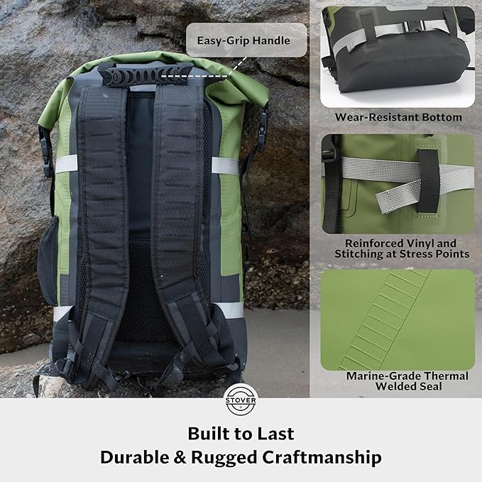 STOVER 30L Waterproof Dry Backpack & Phone Case - X-Large Floating Dry Bag for Kayaking, Travel, Hiking, Fishing, Camping, Motorcycles & Beach, Heavy-Duty Roll Top Men/Women (Green)