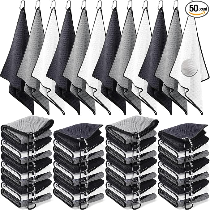 Batiyeer Golf Towels Bulk for Bags, 16"x16" Microfiber Waffle Pattern Golf Towel with Clip for Tournament, Club, Fitness