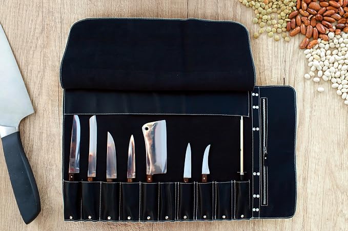 EVERPRIDE Elegant Black Leather with Maroon Trim, Professional Chef Knife Roll Bag for Knives. Premium Leather Bag, Sturdy Construction, Luxurious Carry Case and Display for Knives. A Great Gift.