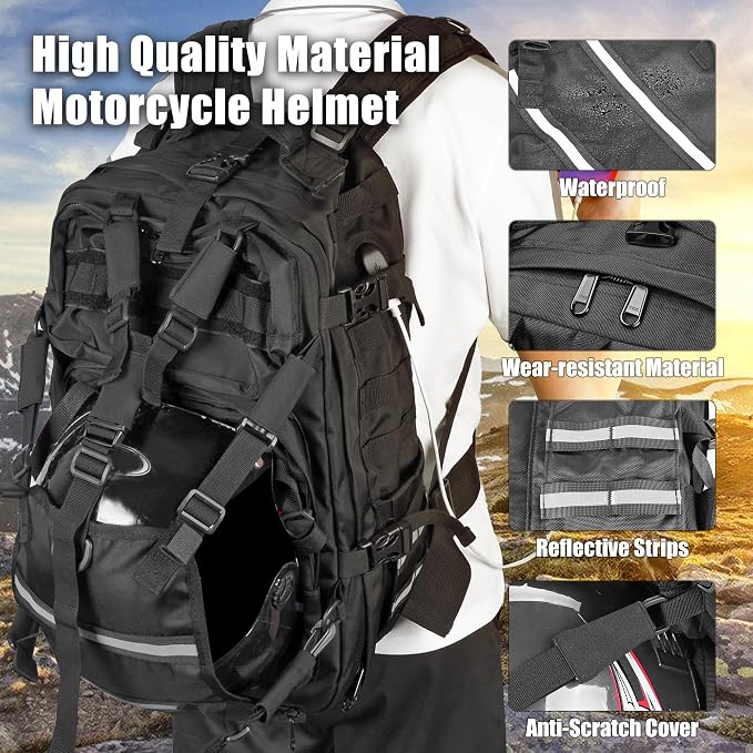 Goldfire Helmet Backpack for Motorcycle Riding Cycling Waterproof Large Capacity Daily Backpack with Helmet Holder Weather-Resistant Hiking Daypack Durable (V1)