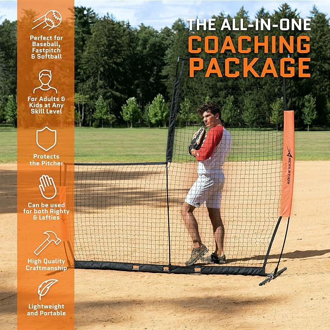 Aceletiqs Flexible L Screen Baseball Pitching Net 7x7ft Pitching Screen Protector with Metal Base, Fiberglass Poles, and Polyester Netting [Carry Bag Included]
