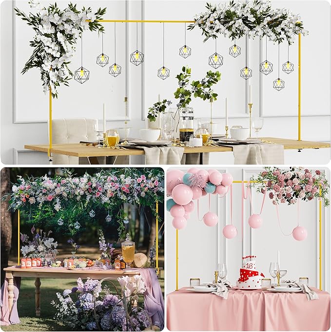 Putros Over The Table Rod Stand with Clamps Gold 13"-42'' Tall 29"-98" Length Adjustable Metal Table Arch Hanging Rod Stand for Party Wedding Anniversary Christmas Decoration