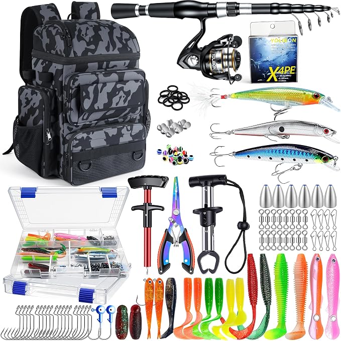 Fishing Backpack with Fishing Rod and Reel Combos Tackle Boxes,45L Waterproof Tackle Backpack with Rod Holder,Fishing Gifts for Men Women Freshwater Saltwater