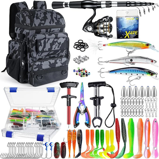 Fishing Backpack with Fishing Rod and Reel Combos Tackle Boxes,45L Waterproof Tackle Backpack with Rod Holder,Fishing Gifts for Men Women Freshwater Saltwater