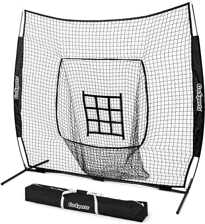 GoSports 7 ft x 7 ft Baseball & Softball Nets - Red, Black, Drip or PRO - Practice Hitting & Pitching Net with Bow Type Frame, Carry Bag and Strike Zone, Great for All Skill Levels