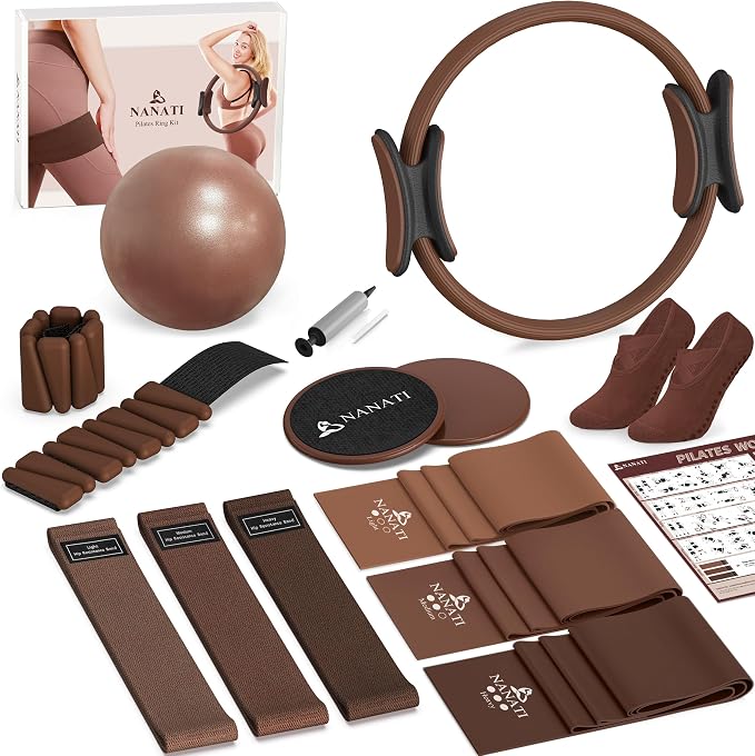 NANATI Pilates Kit, Home Pilates Workout Kit for Women, Pilates Equipment with 14.5" Pilates Ring and Ball, Resistance Bands, Ankle Weights, Sliders & Grip Socks for Home Workouts