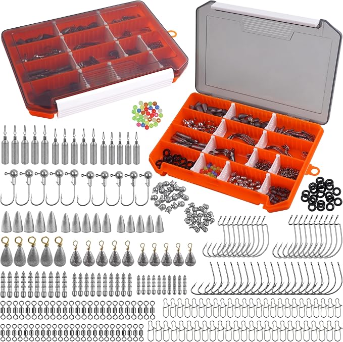 345pcs Fishing Accessories Kit, Fishing Tackle Box with Jig Head Hooks Worm Hooks Weights Sinkers Swivels Snaps Beads, Fishing Gear Set Equipment for Bass Trout Saltwater Freshwater Fishing