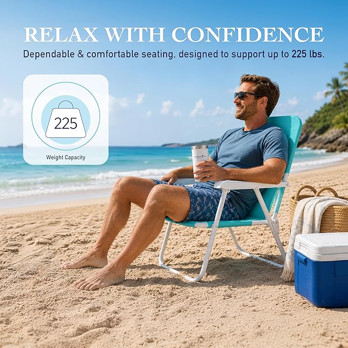 CARIBBEAN JOE Folding Beach Chair, 1 Position Lightweight and Portable Foldable Outdoor Camping Accessories with Carry Strap (Mint, 225lbs Capacity)