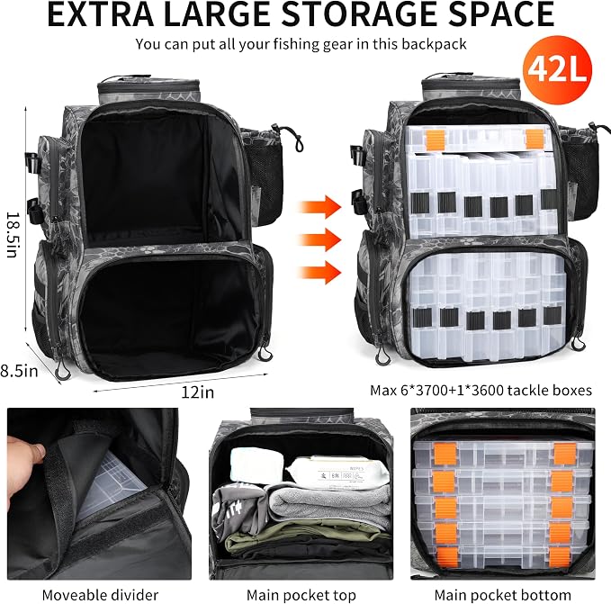 Rabjen Fishing Tackle Backpack with Rod Holders, Bottle Holder, Storage Bag Store Fishing Gear