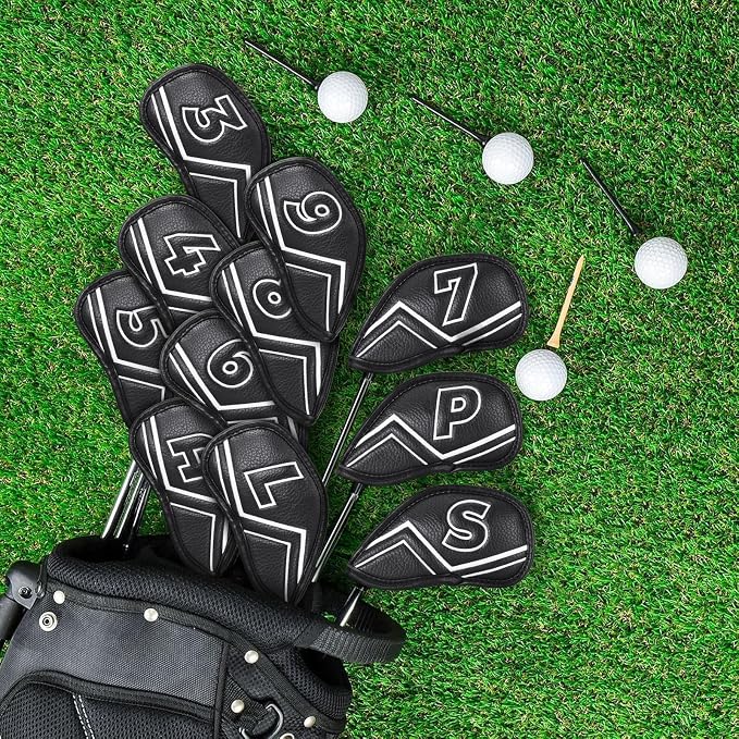Welspo Magnetic Leather Golf Iron Head Covers 11 Pack Synthetic Leather Club Headcover, Embroidered Club Label on Both Sides of Golf Club Covers for Irons and Wedge, Universal Fit Main Iron Clubs