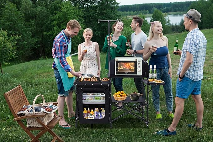 Nice C Camping Kitchen Station, Picnic Portable Grill Table, Folding Cook Station Organizers, with Upgrade Light Stand, Windshield, Carry Bag for Outdoor, Beach, Picnic (Black)