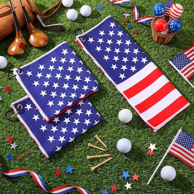 Batiyeer 3 Pack American Flag Golf Towels Independence Day Caddy Towels Gifts Large 16 x 24 Waffle Pattern with Carabiner Clip, Ultra-Absorbent Golf Gear for Men Fourth of July Gifts, Red Blue White