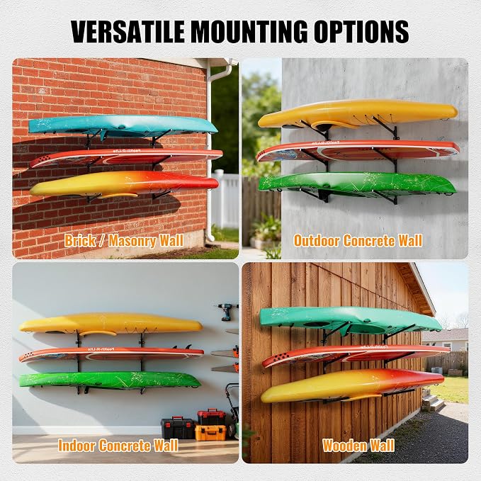 3 Tier Kayak Wall Mount Rack, 45.3" Heavy Duty Canoe Storage Brackets, Foldable Space Saving Hanger, 304 Stainless Steel Screws for Outdoor & Indoor, Fits SUP/Paddle Board