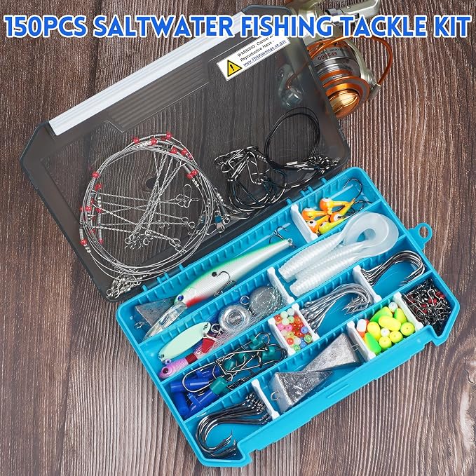 150pcs Ocean Saltwater Fishing Lures Surf Tackle Kit | Saltwater Surf Tackle Kit Ocean Fishing Lures Fish Finder Rigs Bucktail Jig Weight Sinker Leader Surf Fishing Accessories