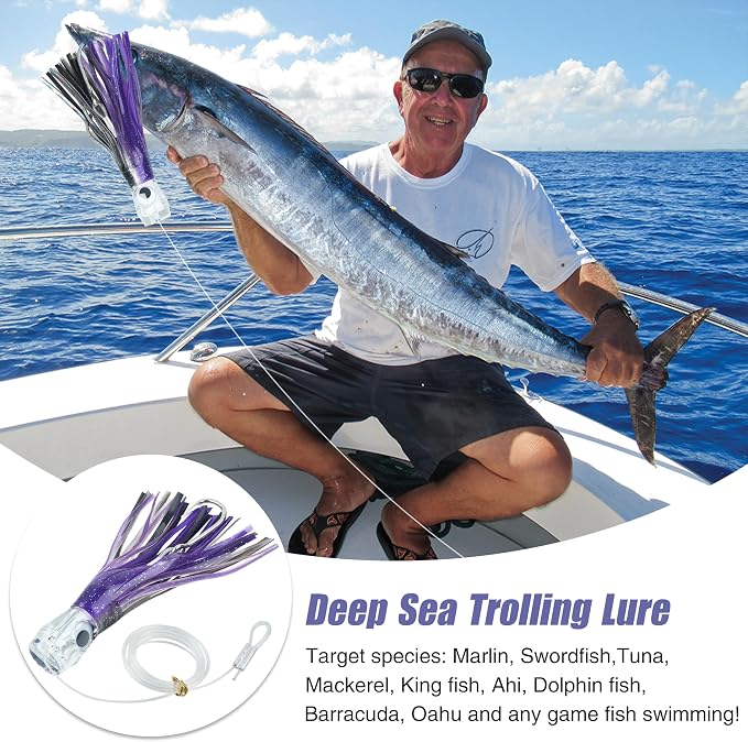Trolling Lures Saltwater for Tuna Mahi Marlin Wahoo Dolphin Shark Offshore Trolling Baits with Squid Skirt Big Game Fishing Lures Deep Sea Squid Skirts Rig 6/9 inch