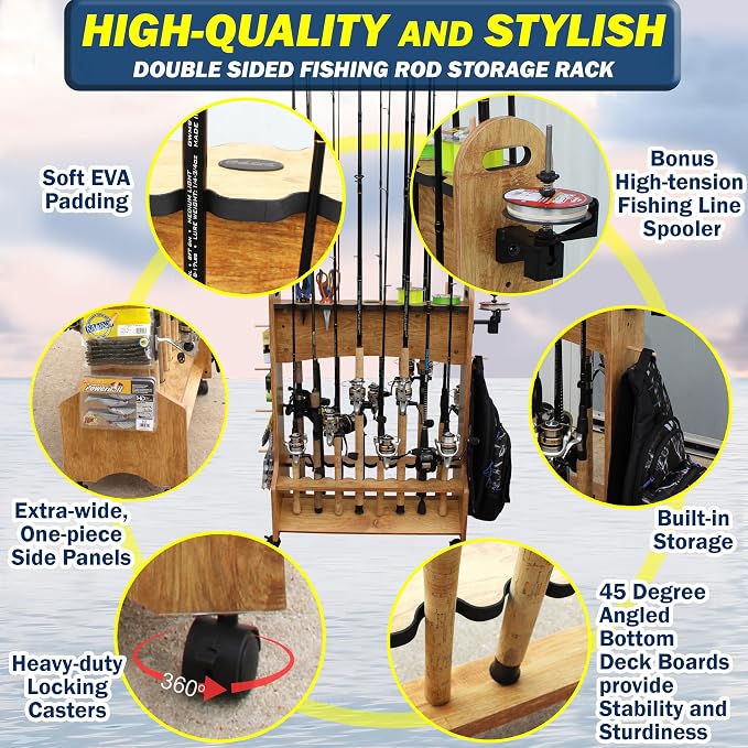 Rush Creek Creations Rolling Rod Holder for 16 Saltwater/Freshwater Fishing Rods, Pole Holder for Garage Organization and Room Storage, Gear and Accessories