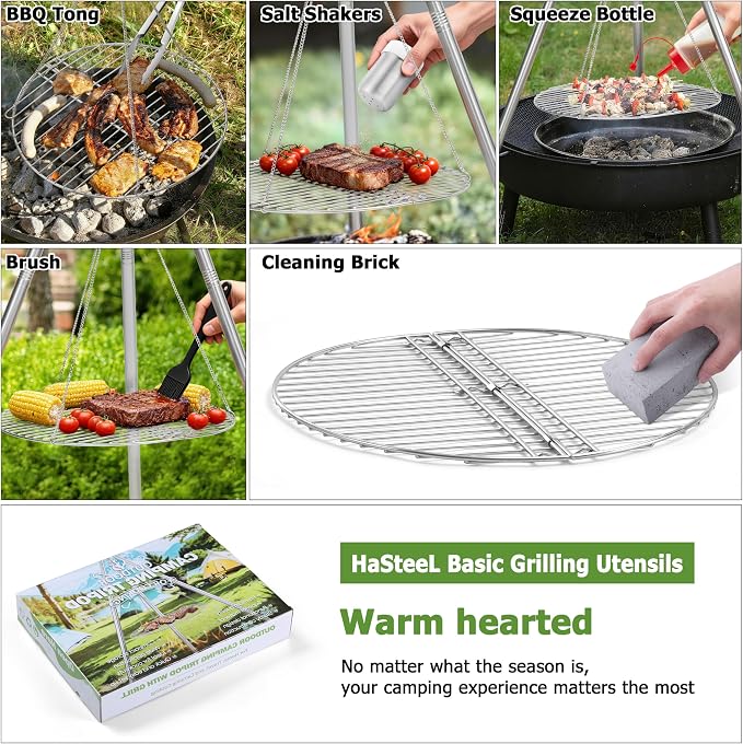 HaSteeL Campfire Tripod for Cooking, Stainless Steel Camping Tripod Grill for Outdoors Beach Backyard Firepit BBQ, Openfirer Stand Hanger with 17” Folding Rack & 6 Barbecue Tools, Adjustable Height