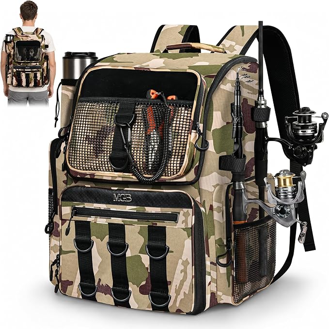 MGB 46L Fishing Tackle Backpack with 2 Rod Holders & YKK Zipper Storage Fishing Gear and Equipment, Gifts for Men Father