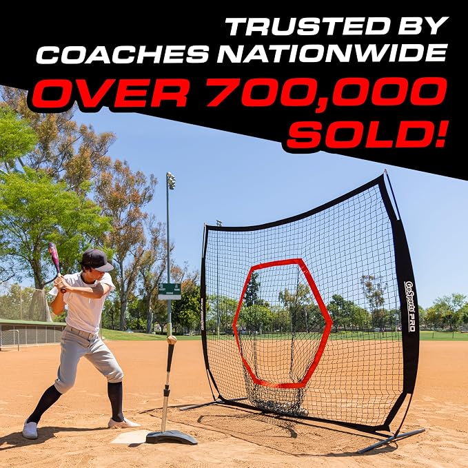 GoSports 7 ft x 7 ft Baseball & Softball Nets - Red, Black, Drip or PRO - Practice Hitting & Pitching Net with Bow Type Frame, Carry Bag and Strike Zone, Great for All Skill Levels